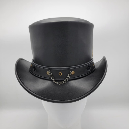Handmade Steampunk Hat, Black Leather Top Hat with Feather & Chain Detail