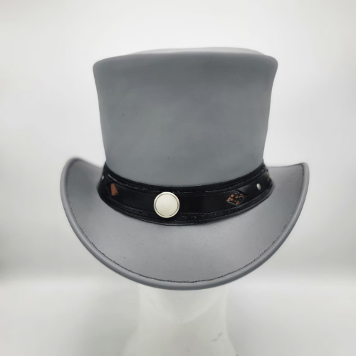 Grey Leather Top Hat: Studded Band Steampunk Cosplay Hat
