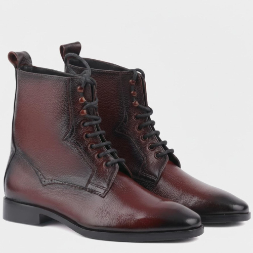 Handmade Burgundy Leather Boots – Men's Lace Up Black Burnished Boots