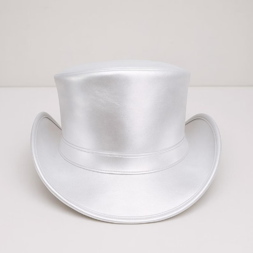 Metallic White Leather Top Hat – Handmade Steampunk Victorian Style Hat