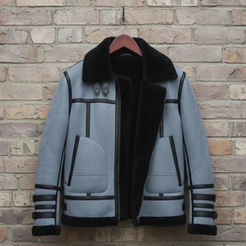 Handmade Blue Suede Shearling Jacket – Mens Winter Aviator Bomber Coat