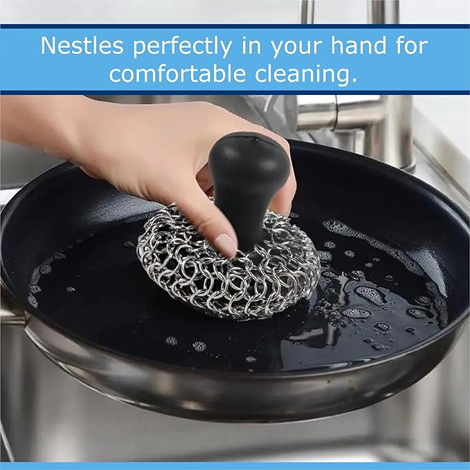 316L Stainless Steel Chainmail Scrubber – Cast Iron Skillet, Pan & Grill Cleaner (Dishwasher Safe)