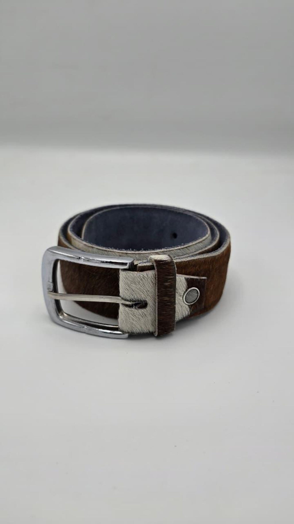 Handmade Black & White Cowhide Leather Belt – Hair-On Hide with Silver Buckle