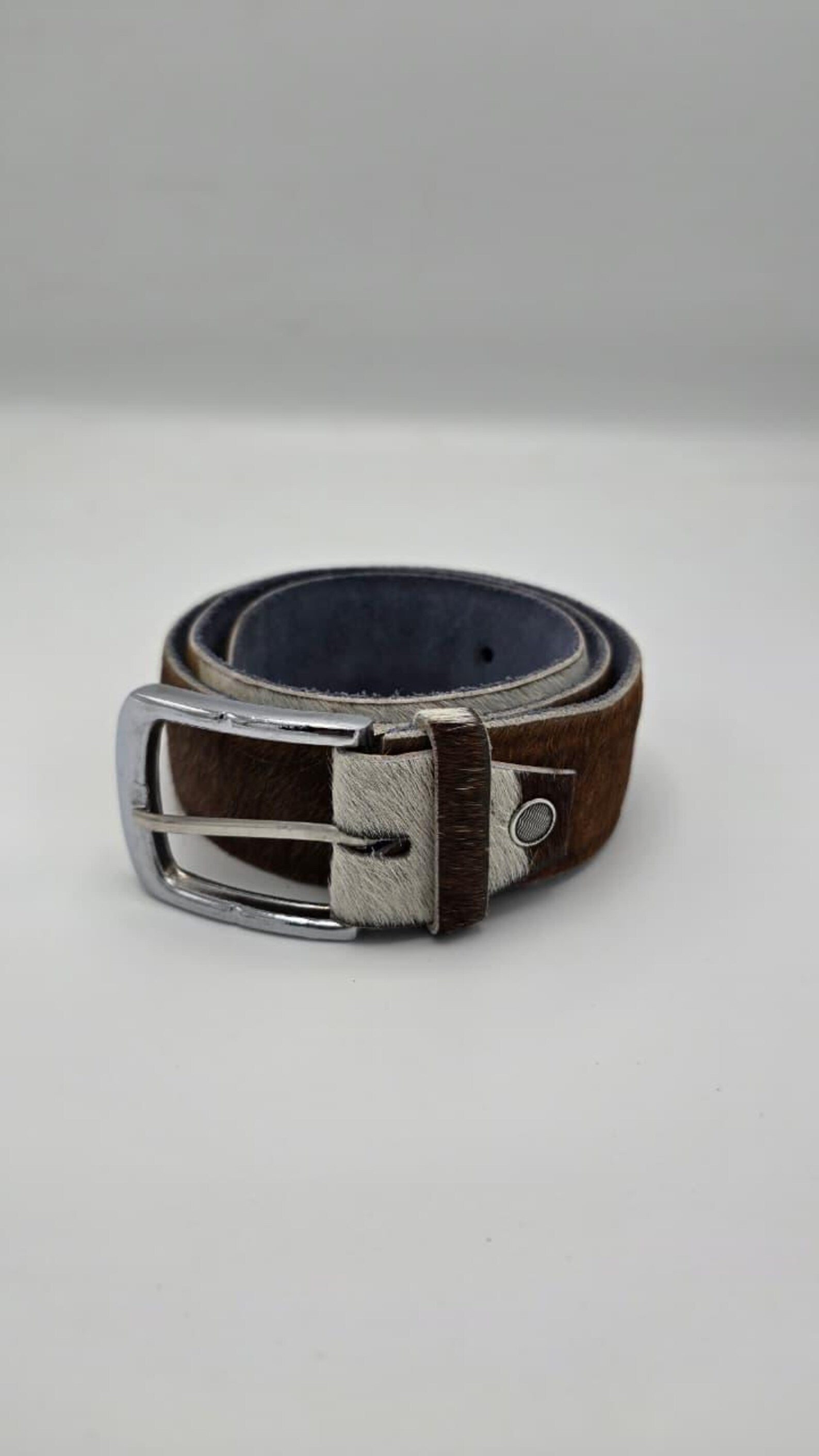 Handmade Black & White Cowhide Leather Belt – Hair-On Hide with Silver Buckle