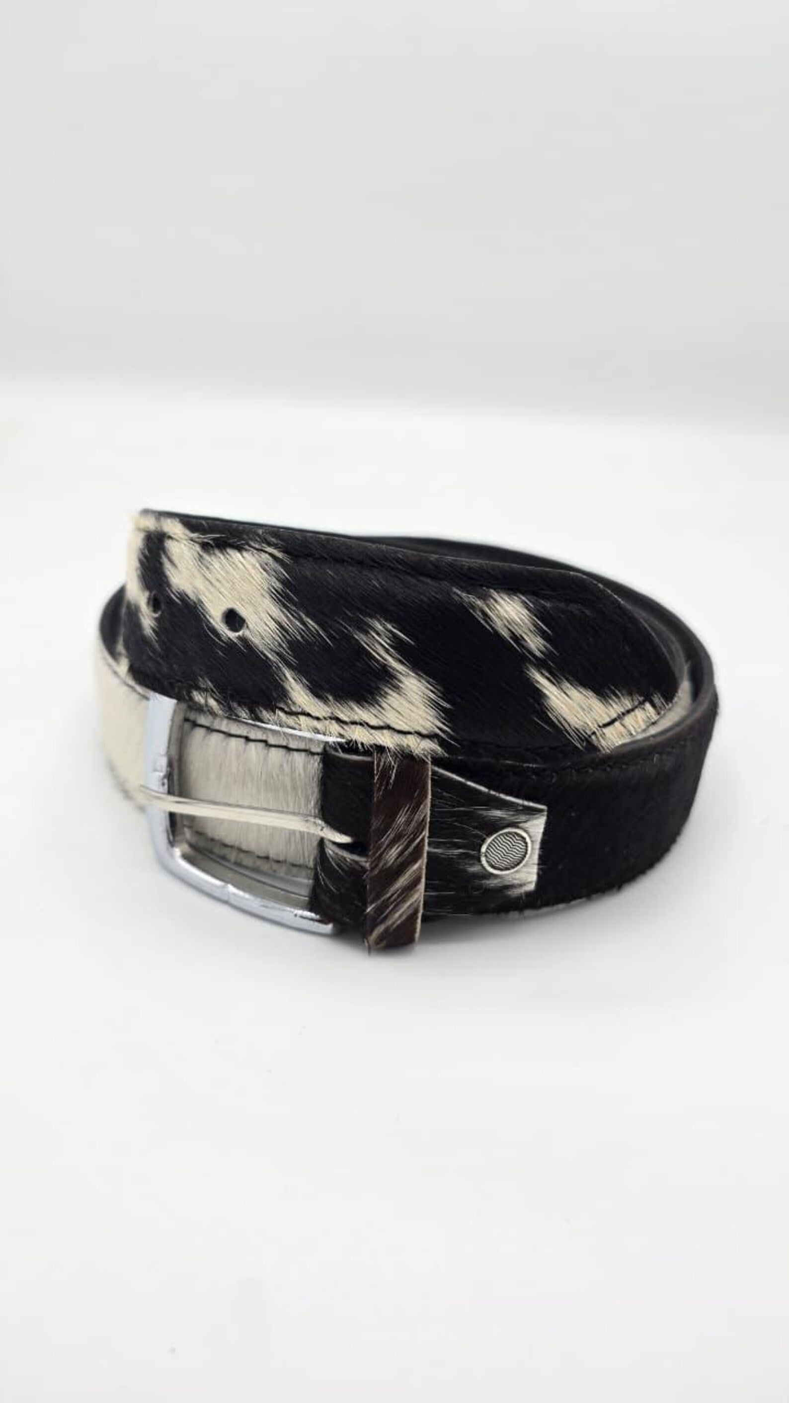 Handmade Black & White Cowhide Leather Belt – Hair-On Hide with Silver Buckle
