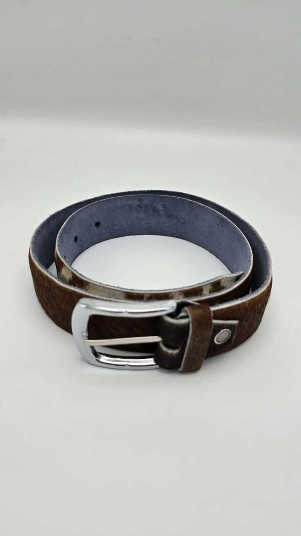 Handmade Cowhide Leather Belt – Brown & White Hair-On Hide with Chrome Buckle