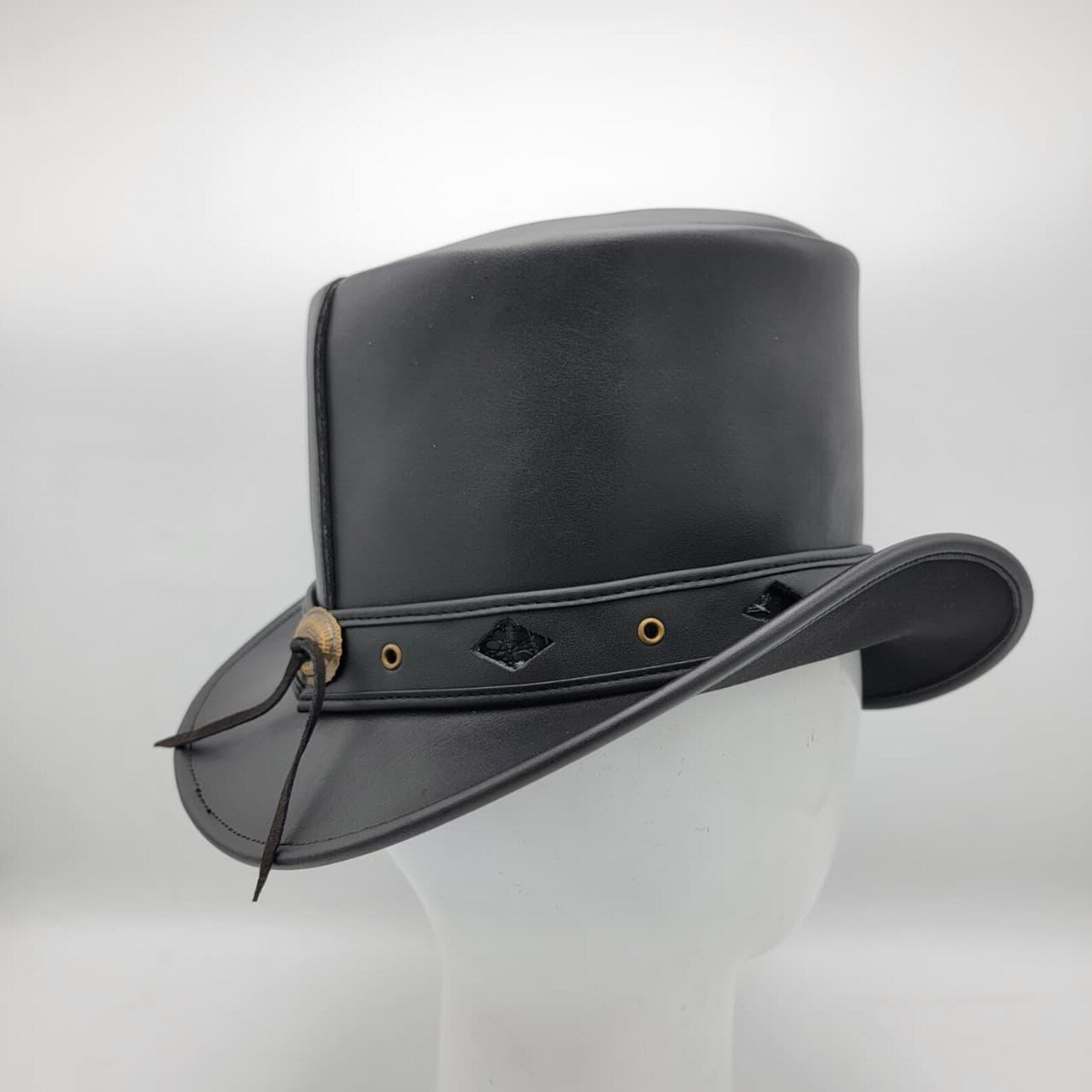 Handmade Steampunk Hat, Black Leather Top Hat with Feather & Chain Detail