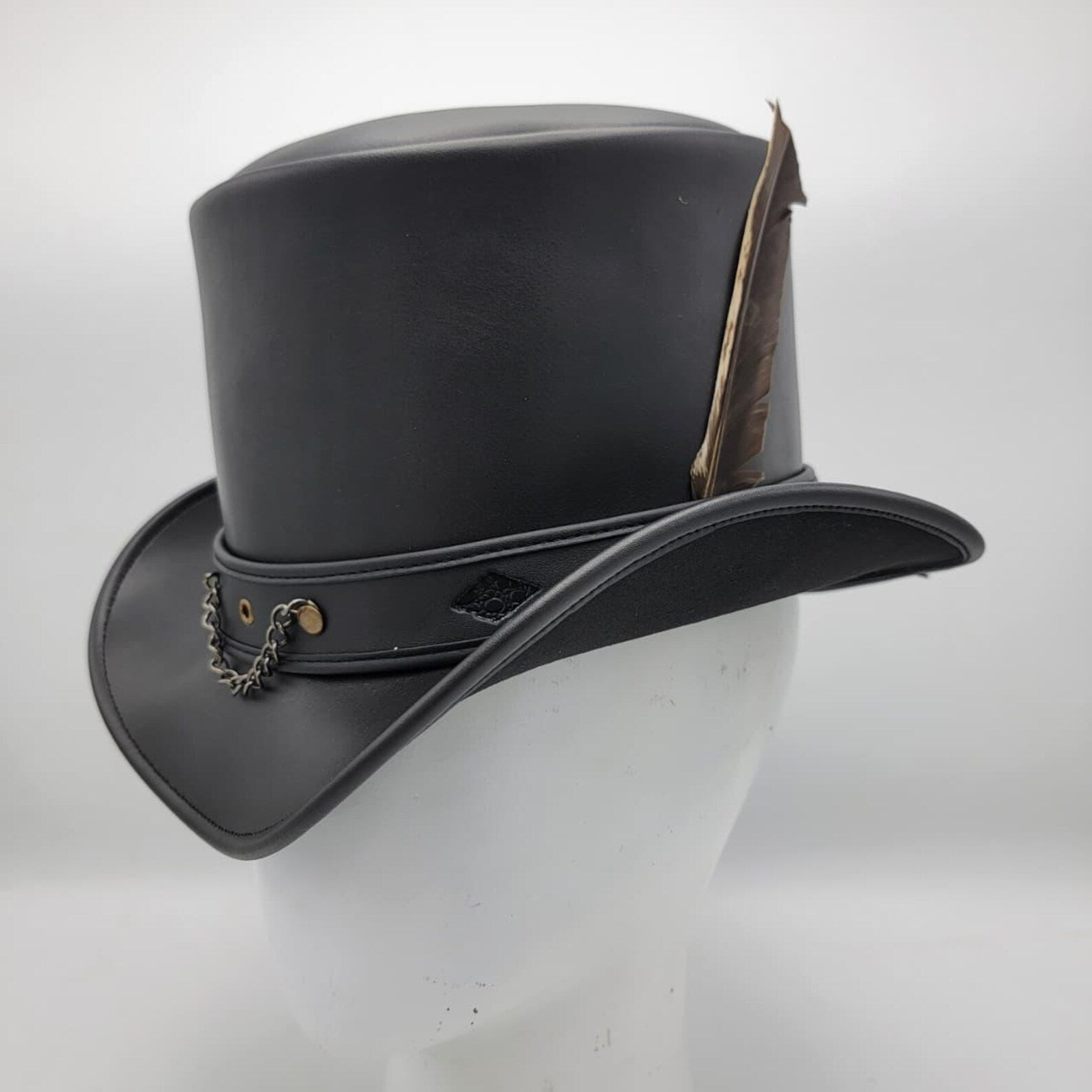 Handmade Steampunk Hat, Black Leather Top Hat with Feather & Chain Detail
