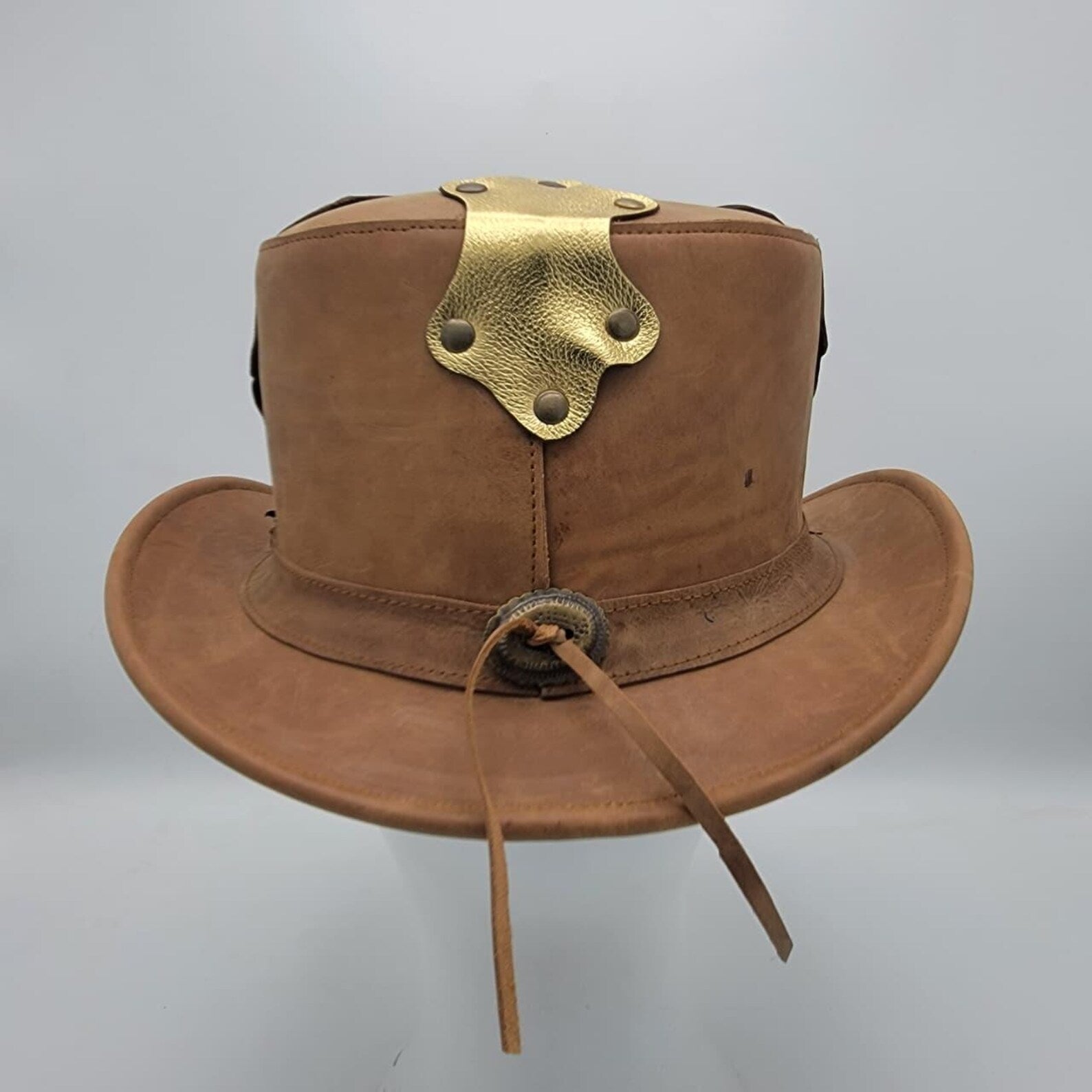 Handmade Steampunk Leather Top Hat: Brass Accent Cosplay Hat