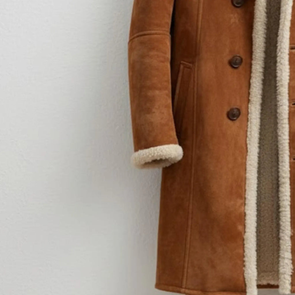 Handmade Brown Suede Shearling Coat – Vintage Winter Aviator Jacket