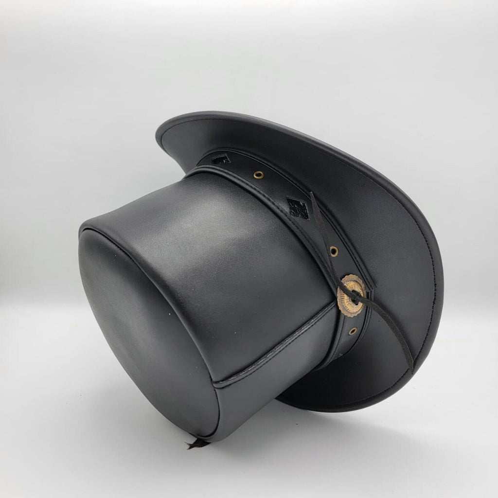 Handmade Steampunk Hat, Black Leather Top Hat with Feather & Chain Detail