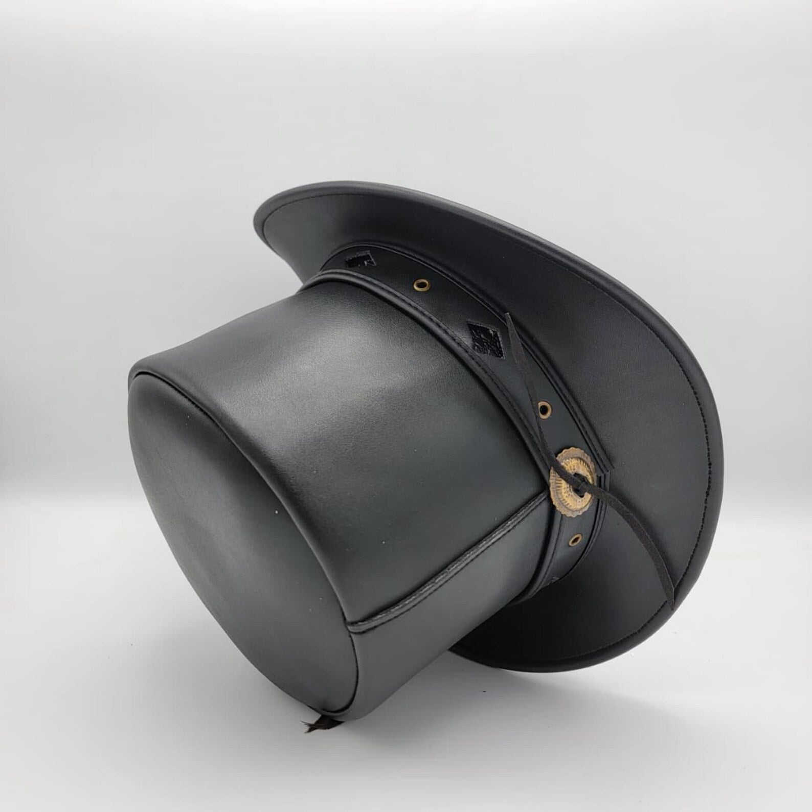 Handmade Steampunk Hat, Black Leather Top Hat with Feather & Chain Detail
