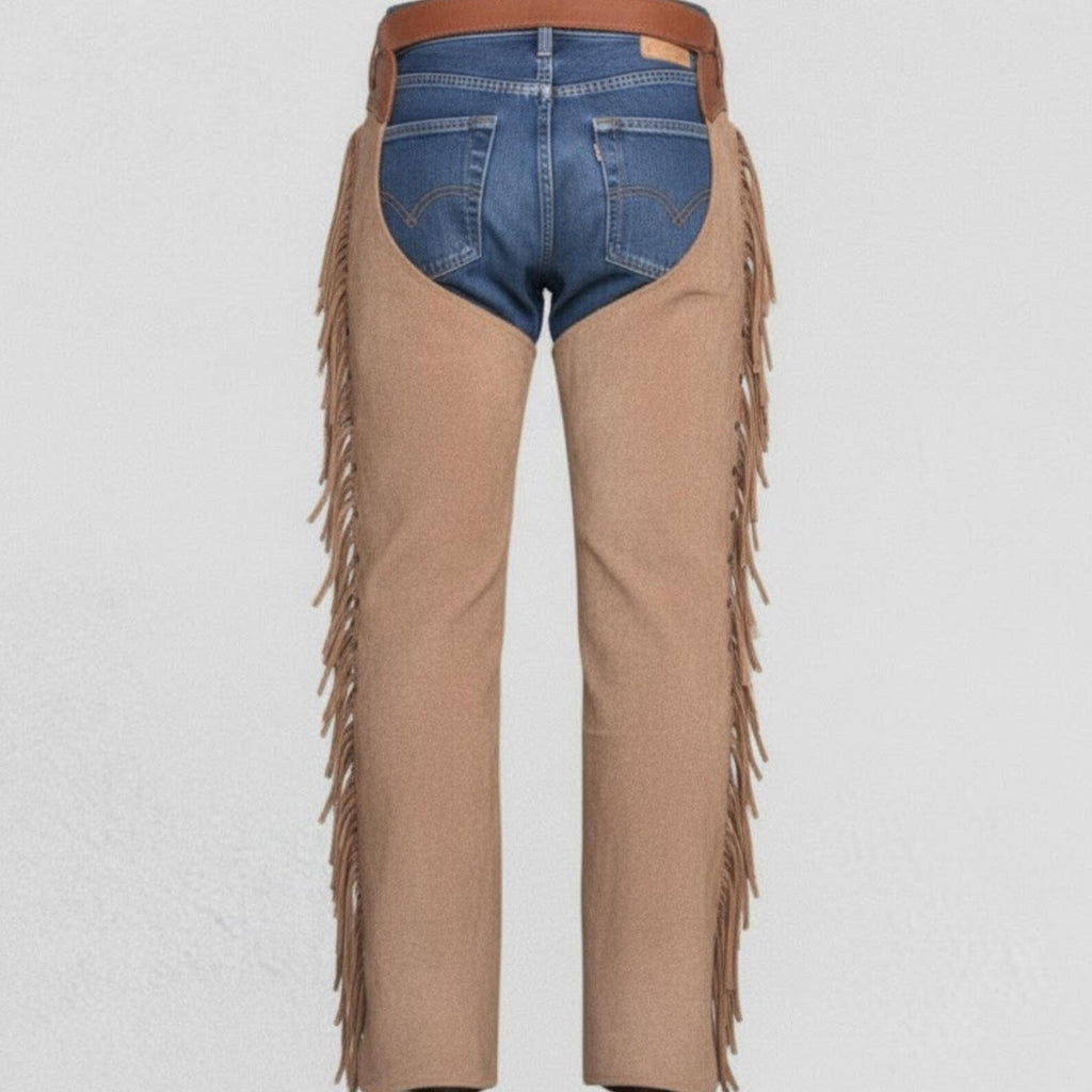 Handmade Tan Suede Leather Chaps – Western Wear for Cowboys & Bikers.