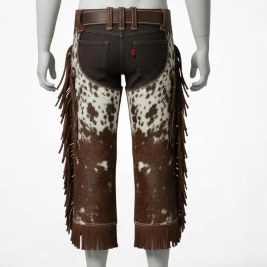 Handmade Brown and White Cowhide Leather Chaps – Western Rodeo Fringe Riding Gear for Cowboys