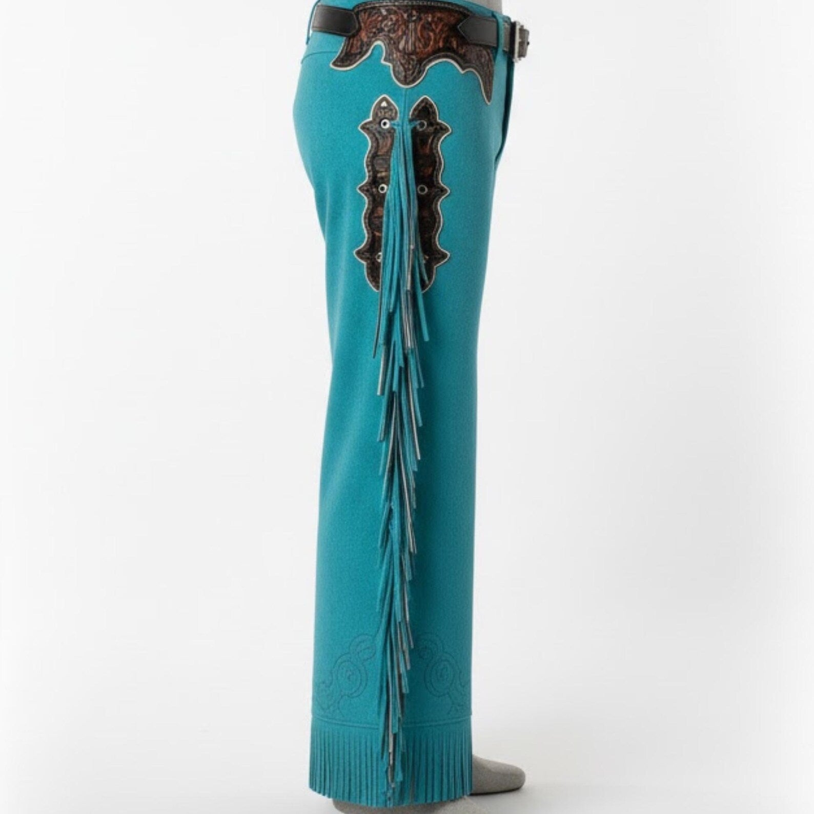 Turquoise Suede Fringe Chaps, Custom Western Wear for the Modern Rodeo Queen Cowgirl.