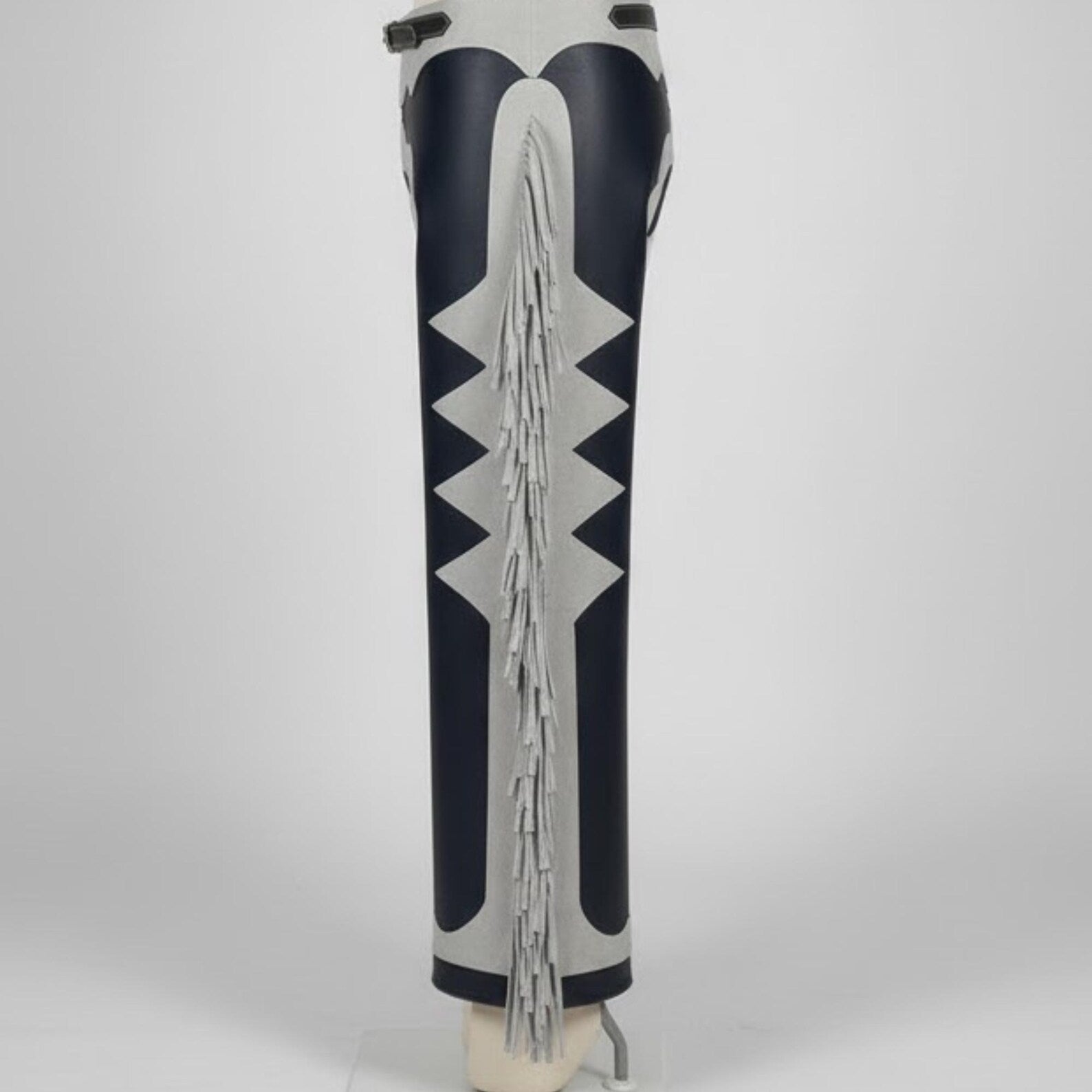 Handmade Navy Blue Leather and Grey Suede Western Chaps with a long flowing fringe.