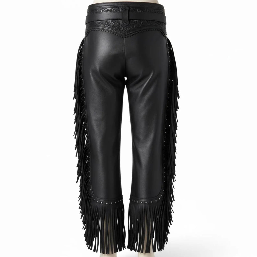 Handmade Black Leather Western Chaps with Fringe, Silver Conchos for Rodeo Cowboy Biker Gear.