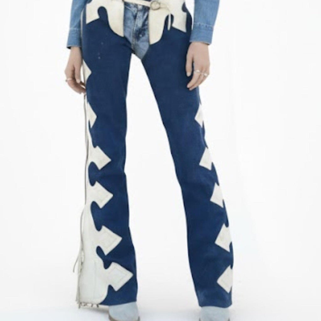 Handmade Blue Suede Chaps Western Rodeo Pants with White Cutout Fringe