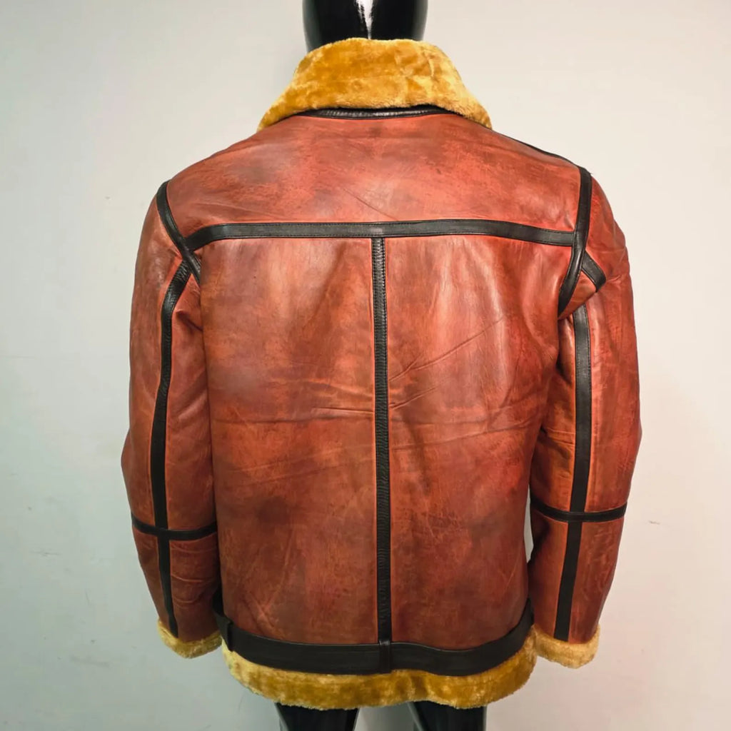 Handmade Men's Brown B3 Bomber Shearling Jacket, a Vintage Style Aviator Leather Coat