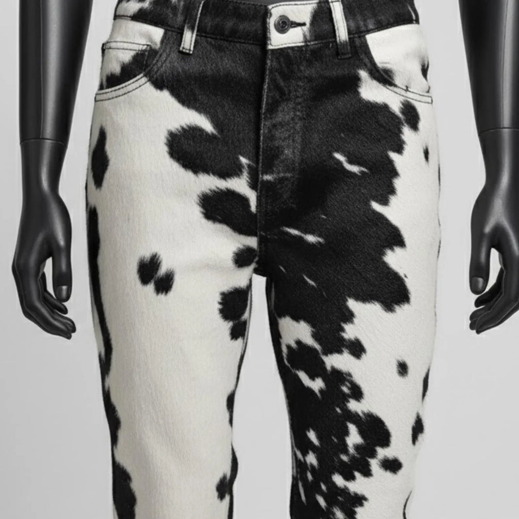 Handmade Black and White Denim Cow Print Jeans – Western Cowboy Pants for Women