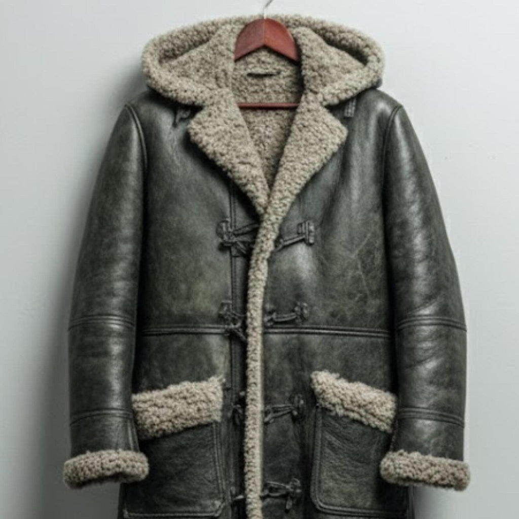 Handmade Grey Sheepskin Coat – Men's Shearling Duffle Overcoat for Winter
