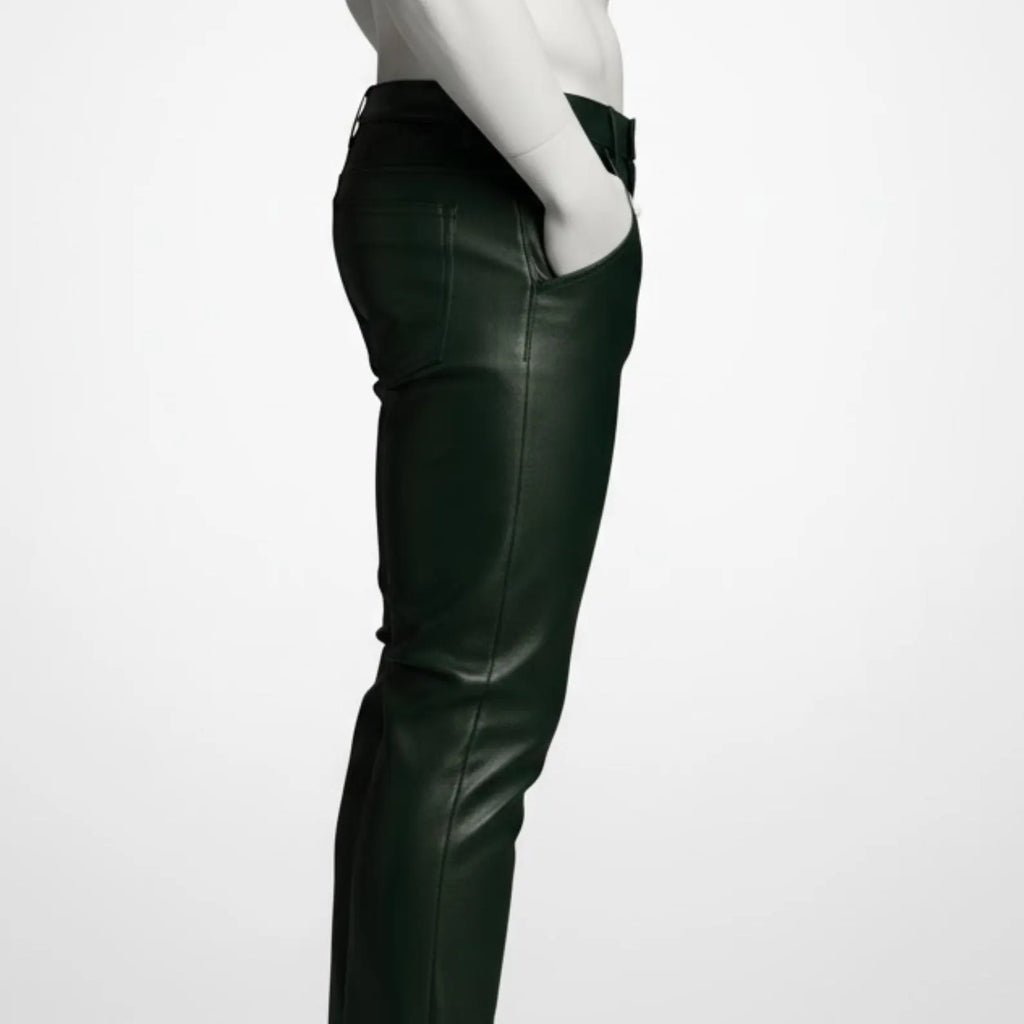 Handmade Green Biker Leather Pants for Men, Custom Edgy Streetwear Trousers Gift.