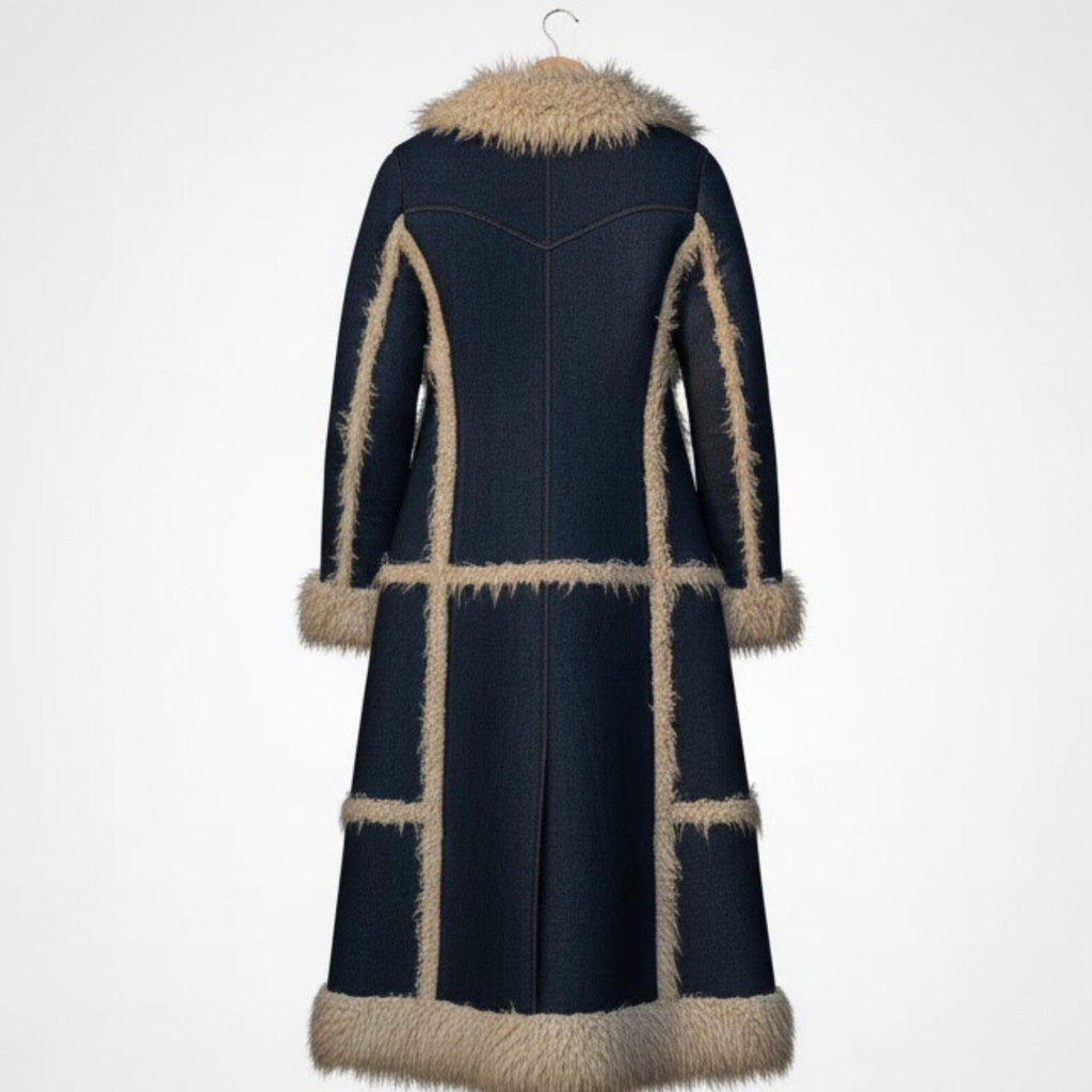 Long Denim Faux Shearling Coat for Women – Vintage 70s Style Winter Jacket, Warm Faux