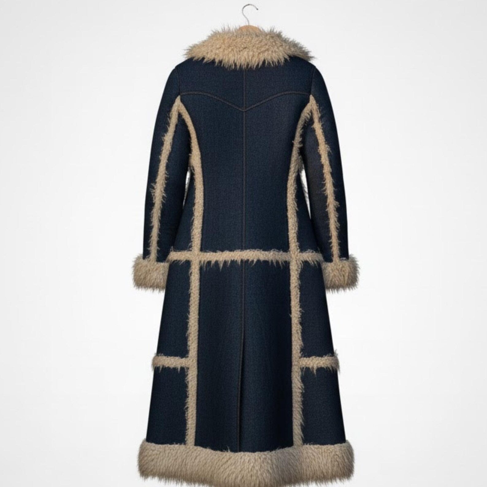 Long Denim Faux Shearling Coat for Women – Vintage 70s Style Winter Jacket, Warm Faux