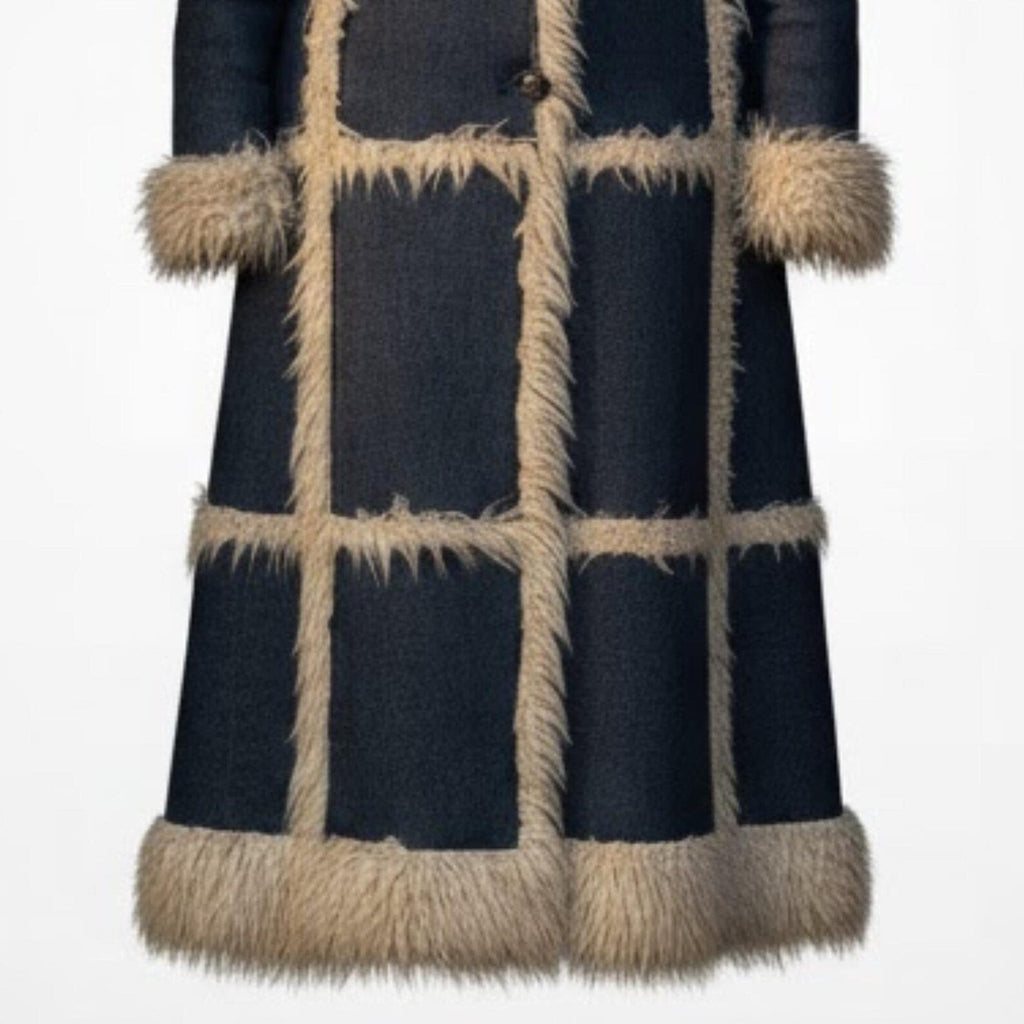 Long Denim Faux Shearling Coat for Women – Vintage 70s Style Winter Jacket, Warm Faux
