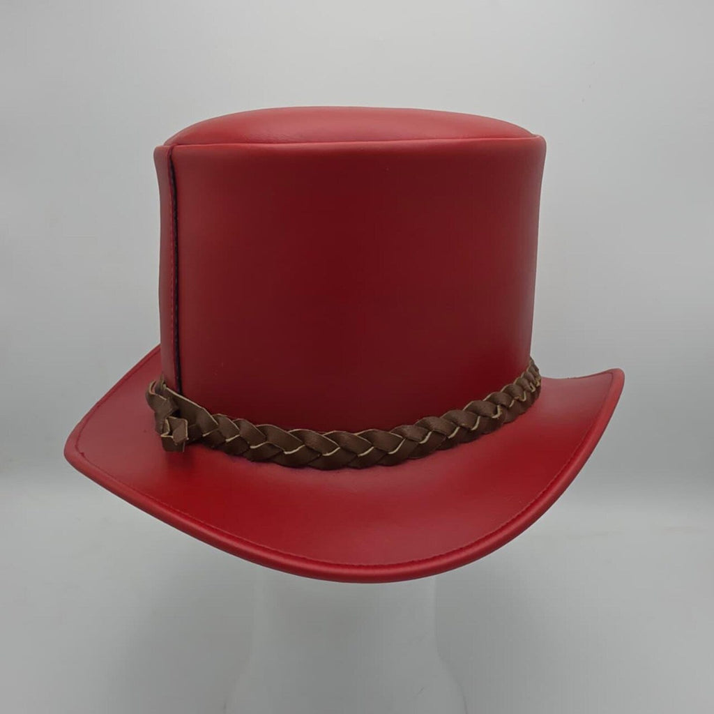 Handmade Red Leather Top Hat – Steampunk Goth Cosplay Accessory.