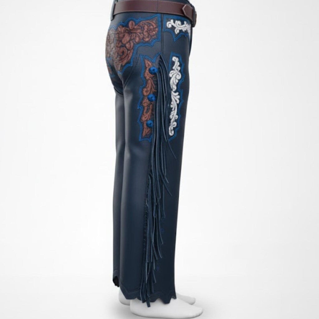 Handmade Blue Leather Rodeo Chaps – Custom Western Tooled Leather with Fringe