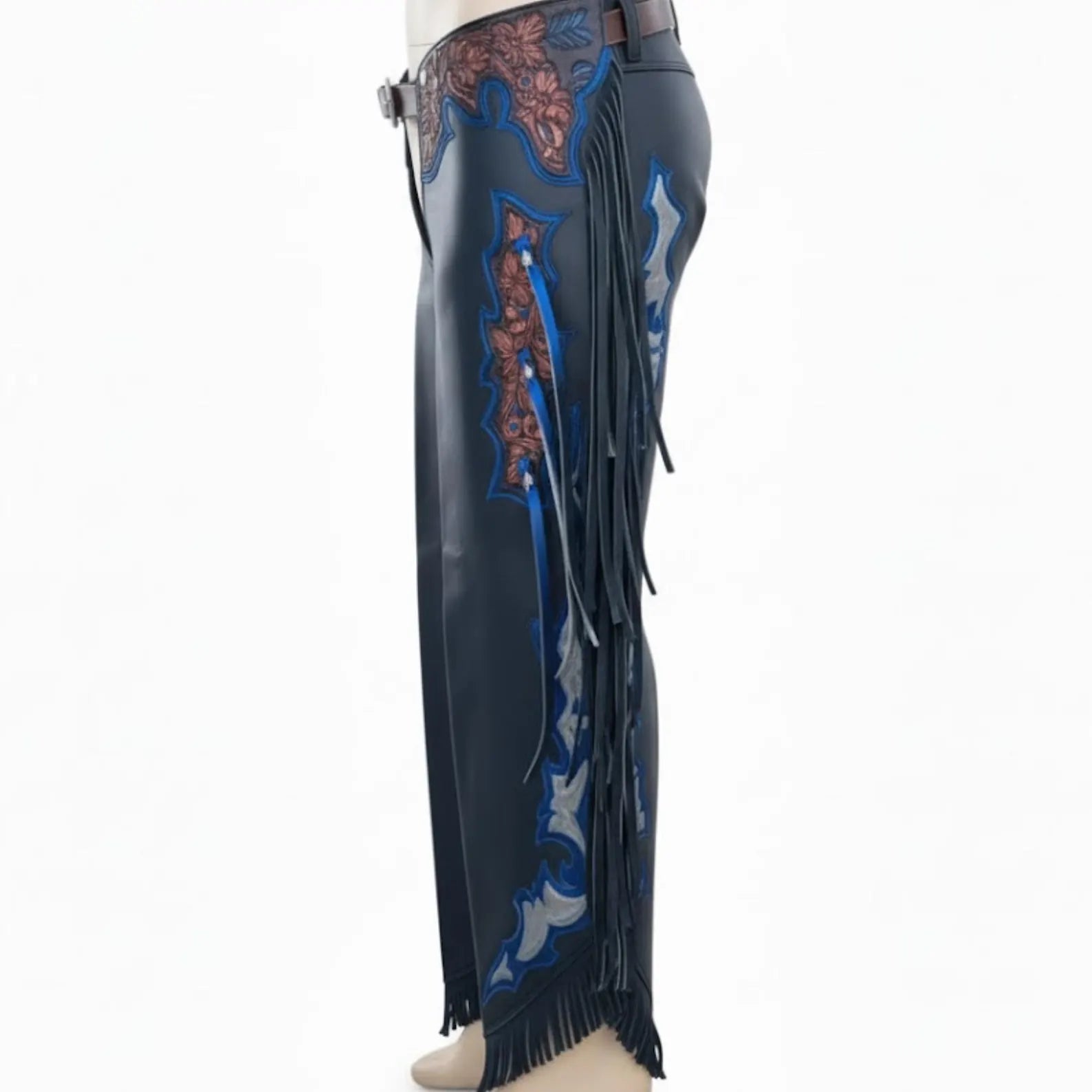 Custom Tooled Blue Leather Rodeo Chaps with Brown Accents and Flowing Side Fringe.