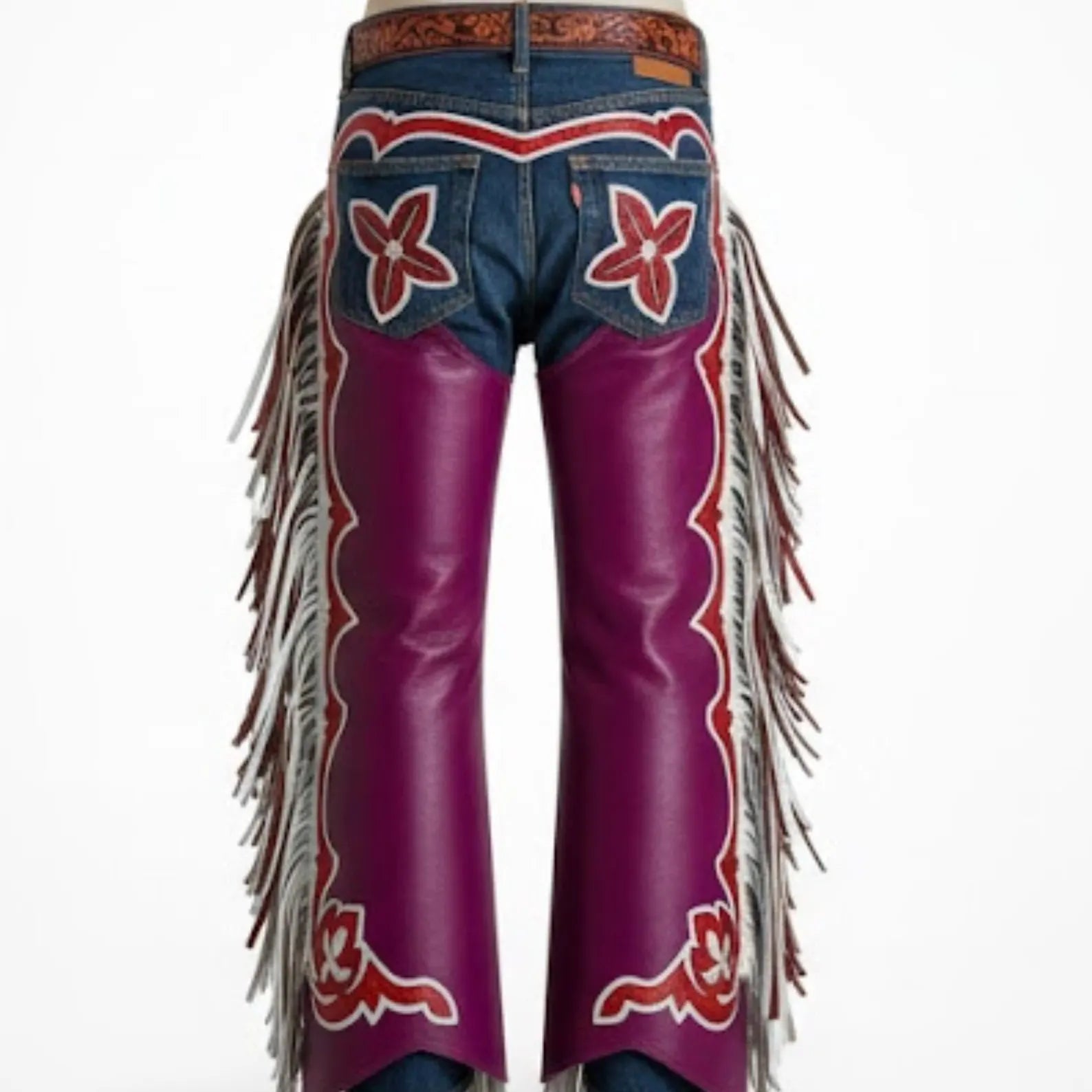 Handmade Purple Leather Chaps – Custom Western Rodeo Chaps with Fringe