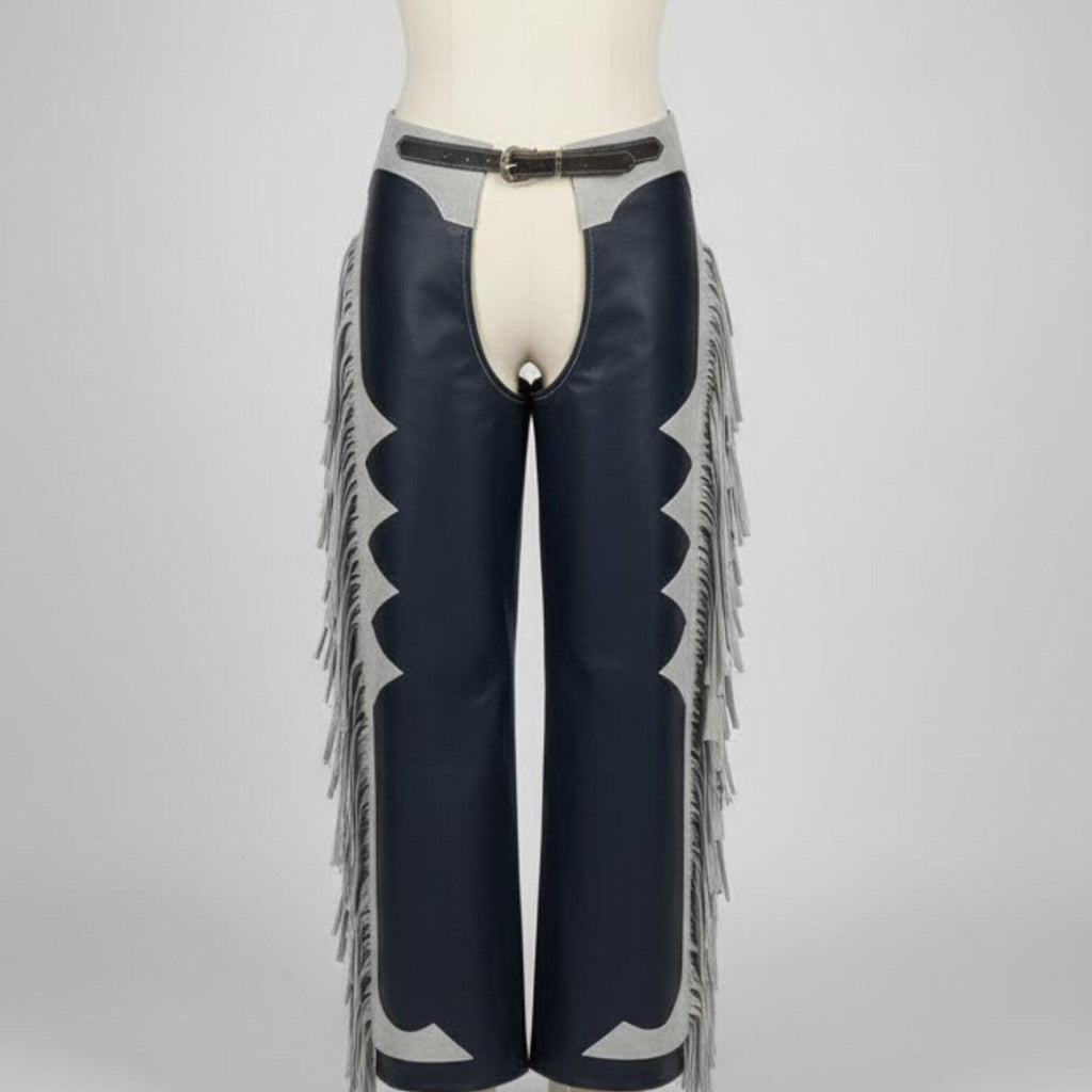 Handmade Navy Blue Leather and Grey Suede Western Chaps with a long flowing fringe.
