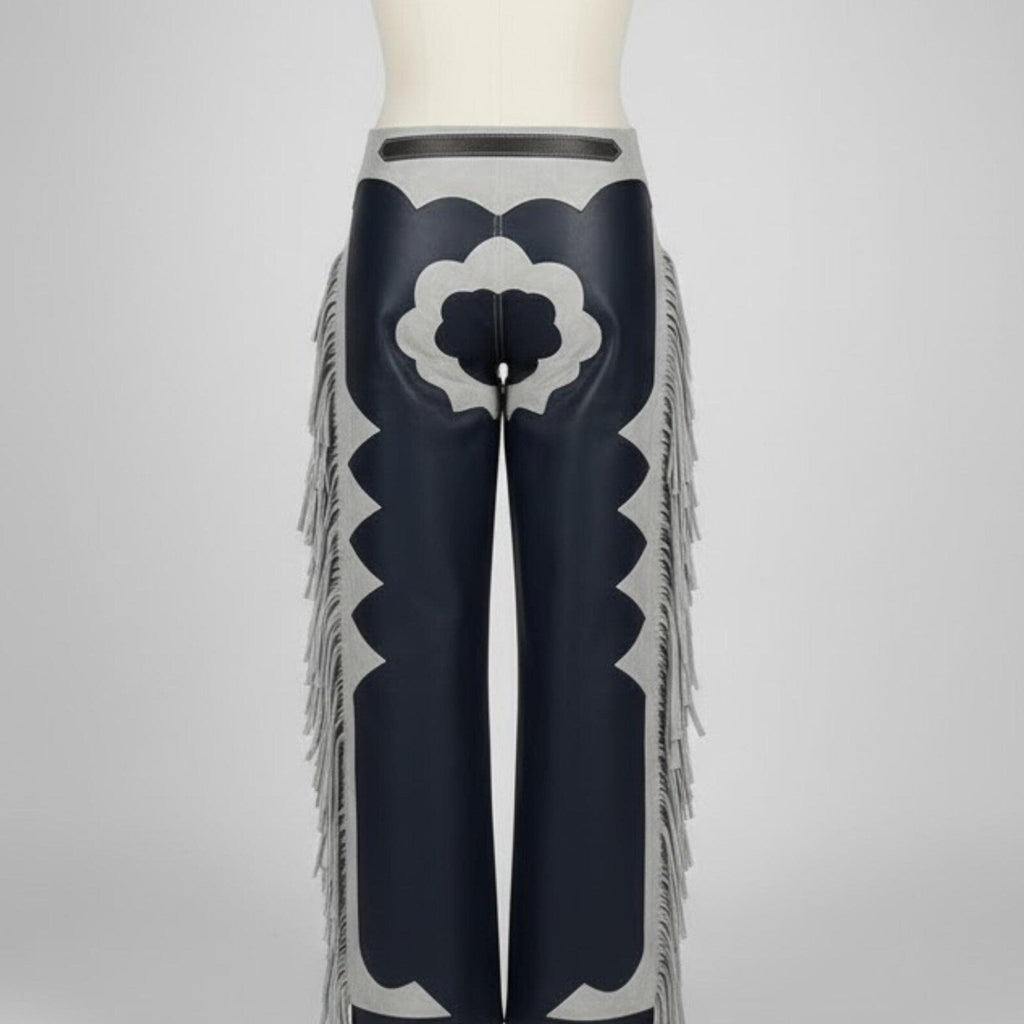 Handmade Navy Blue Leather and Grey Suede Western Chaps with a long flowing fringe.