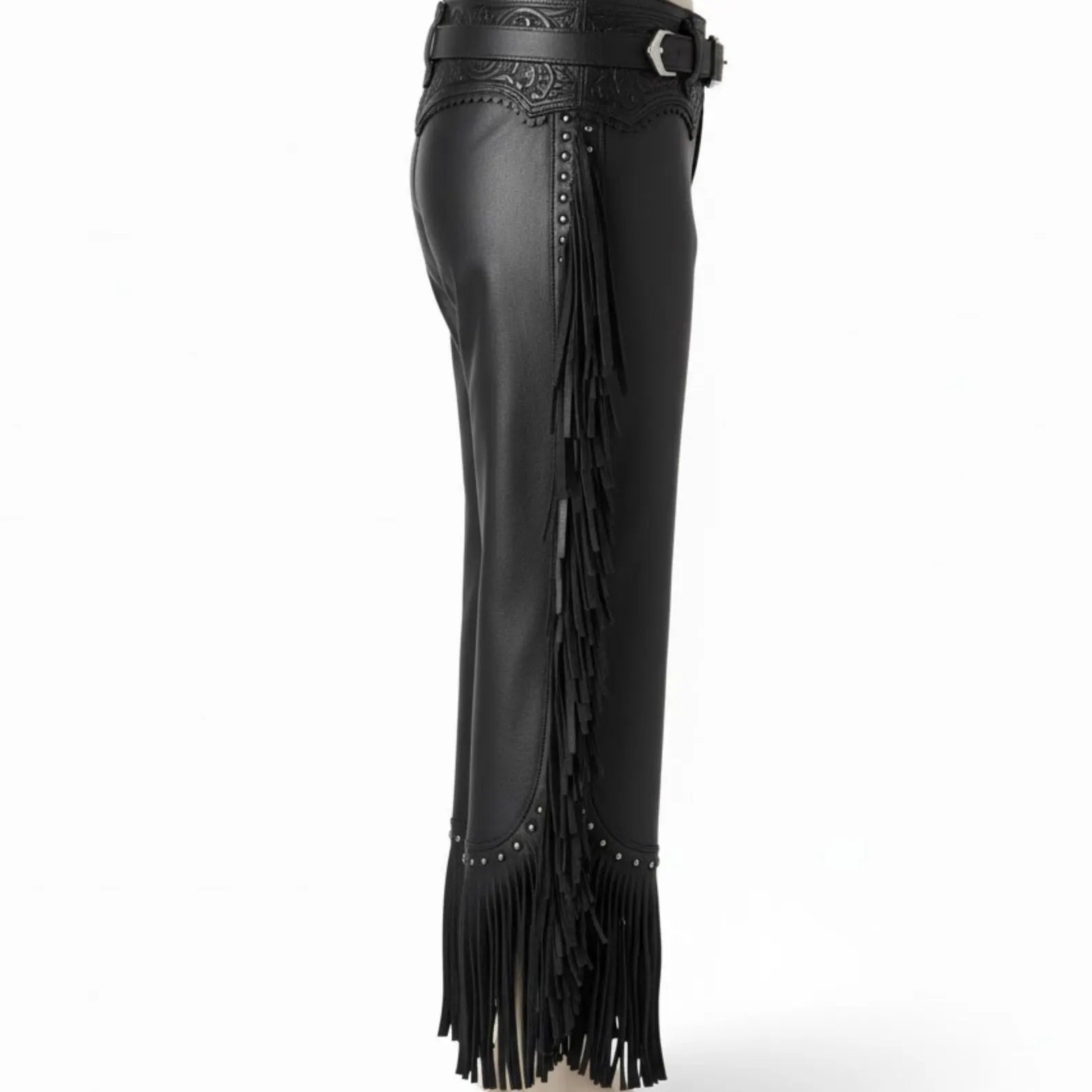 Handmade Black Leather Western Chaps with Fringe, Silver Conchos for Rodeo Cowboy Biker Gear.