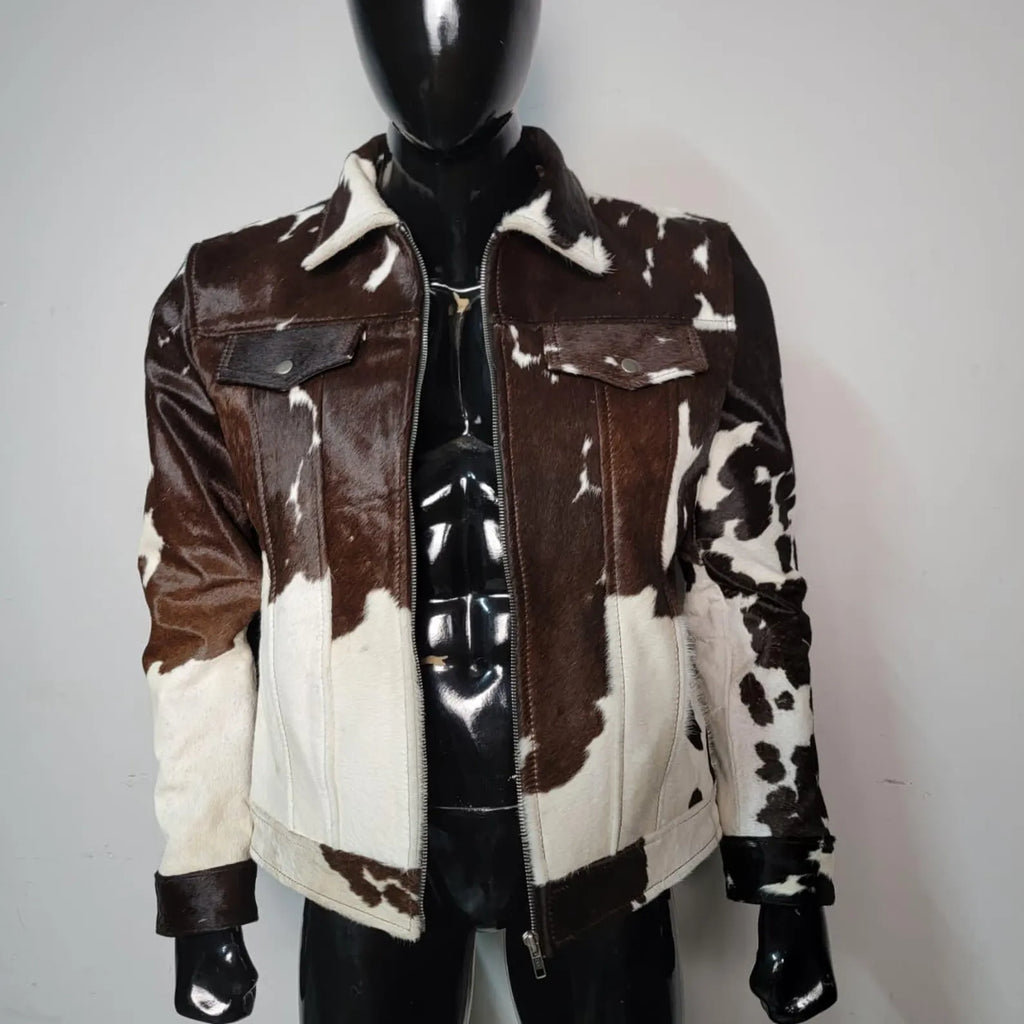 Handmade Brown Cowhide Jacket – Western Hair on Hide Leather Biker Coat for Men