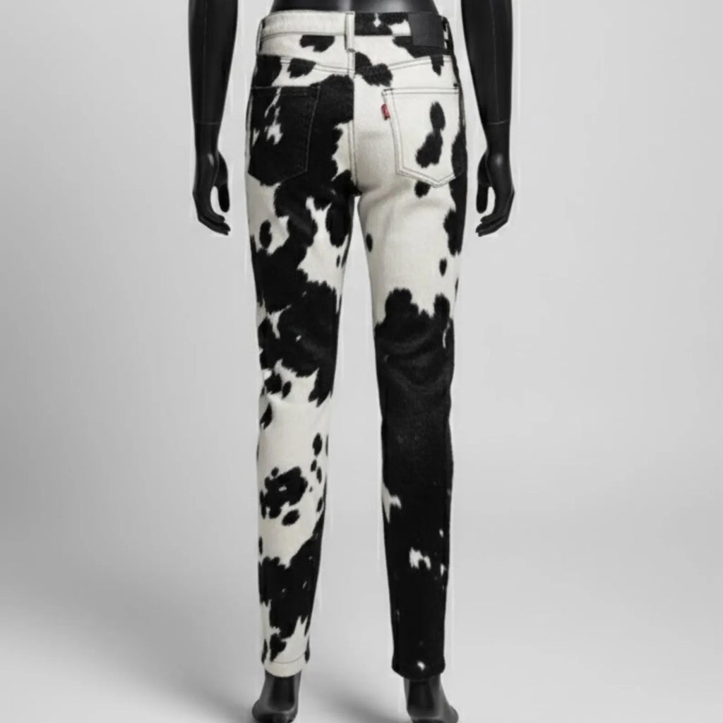 Handmade Black and White Denim Cow Print Jeans – Western Cowboy Pants for Women