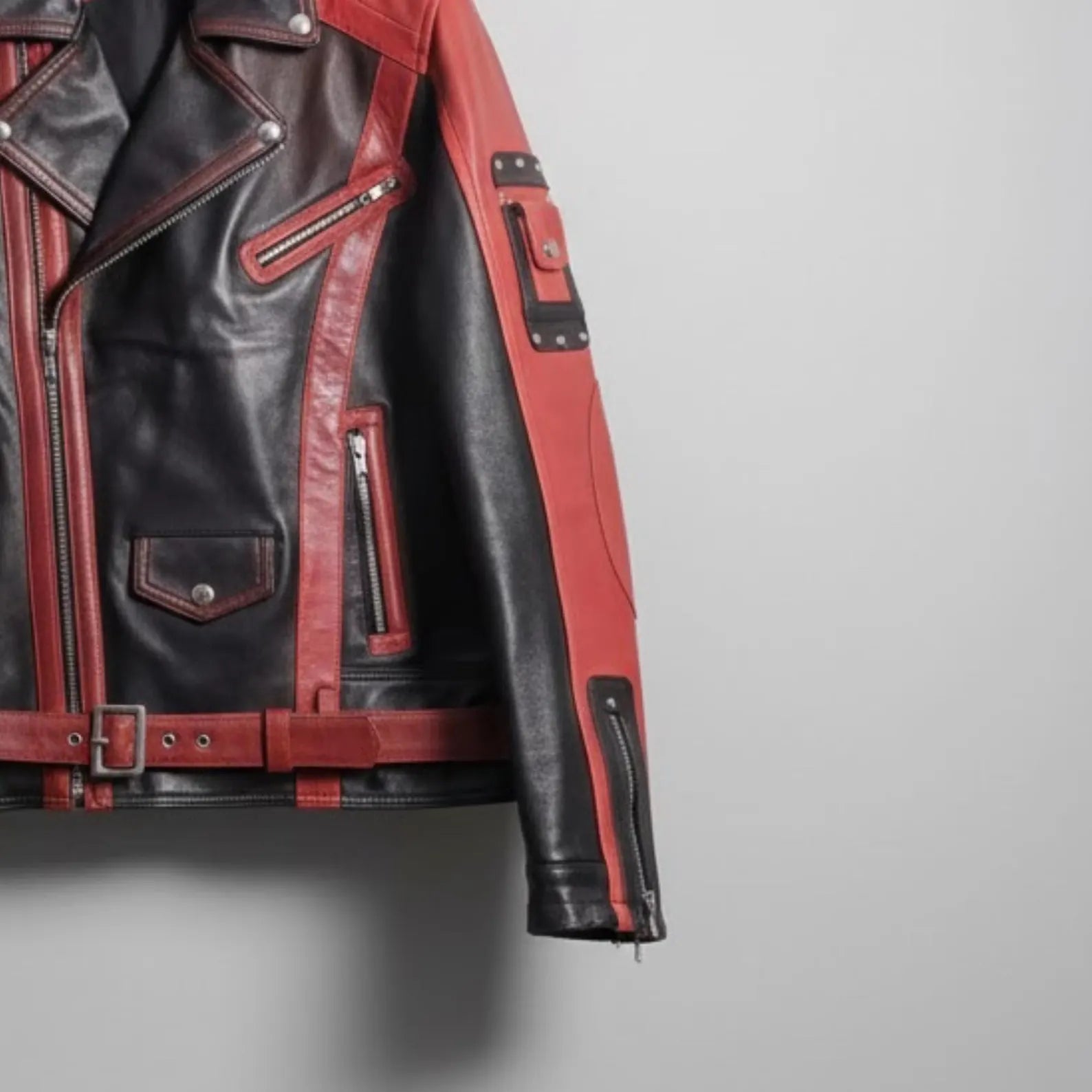 Handmade Red Black Leather Jacket – Stylish Biker Outerwear for Men