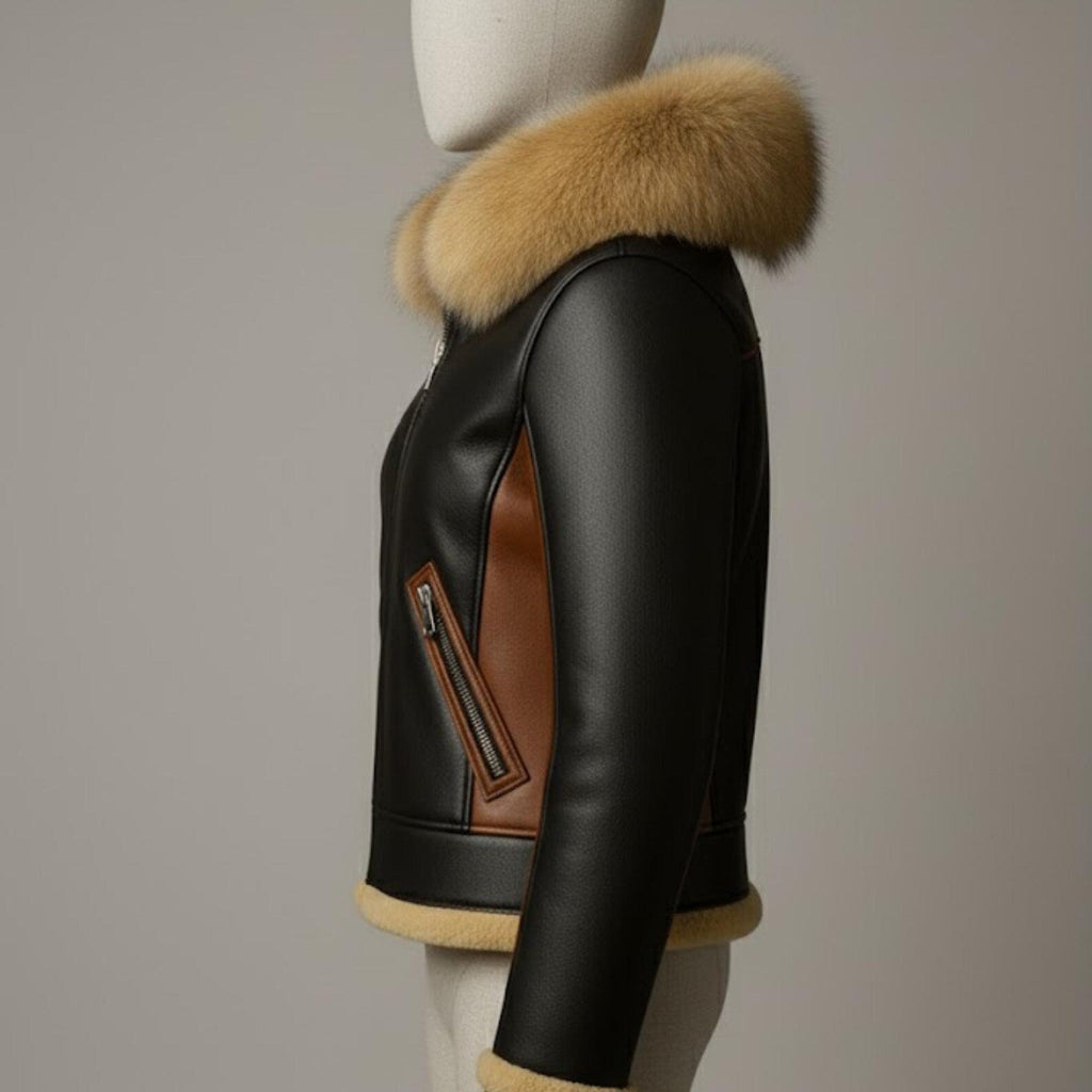 Handmade Black Leather Shearling Jacket – Women's Winter Aviator Coat