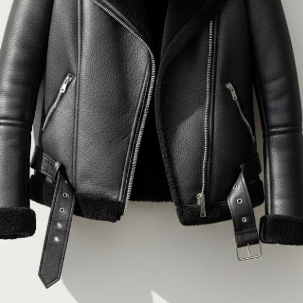 Handmade Black Shearling Jacket – Womens Warm Aviator Biker Coat, Winter Streetwear, Thick Fur-Lined Motorcycle