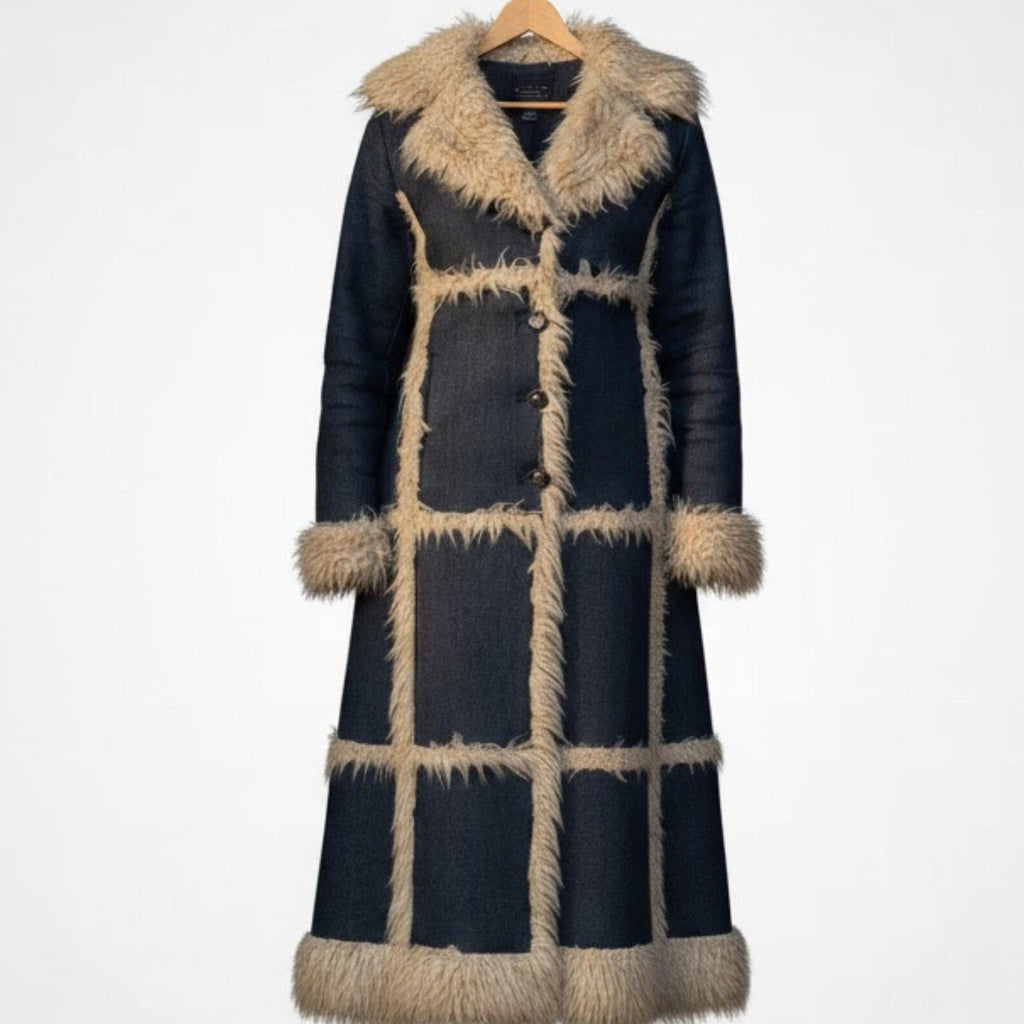 Long Denim Faux Shearling Coat for Women – Vintage 70s Style Winter Jacket, Warm Faux