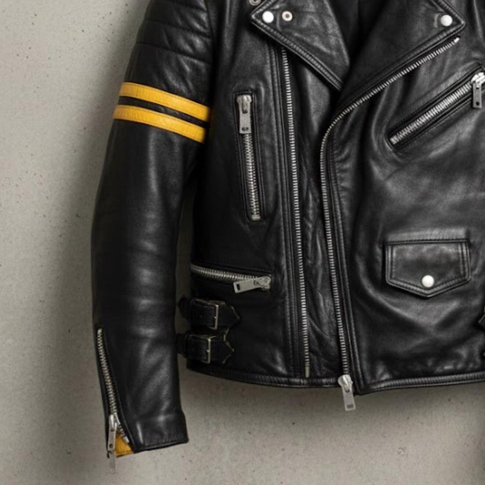 Handmade Black Yellow Leather Biker Jacket – Mens Motorcycle Cafe Racer Coat