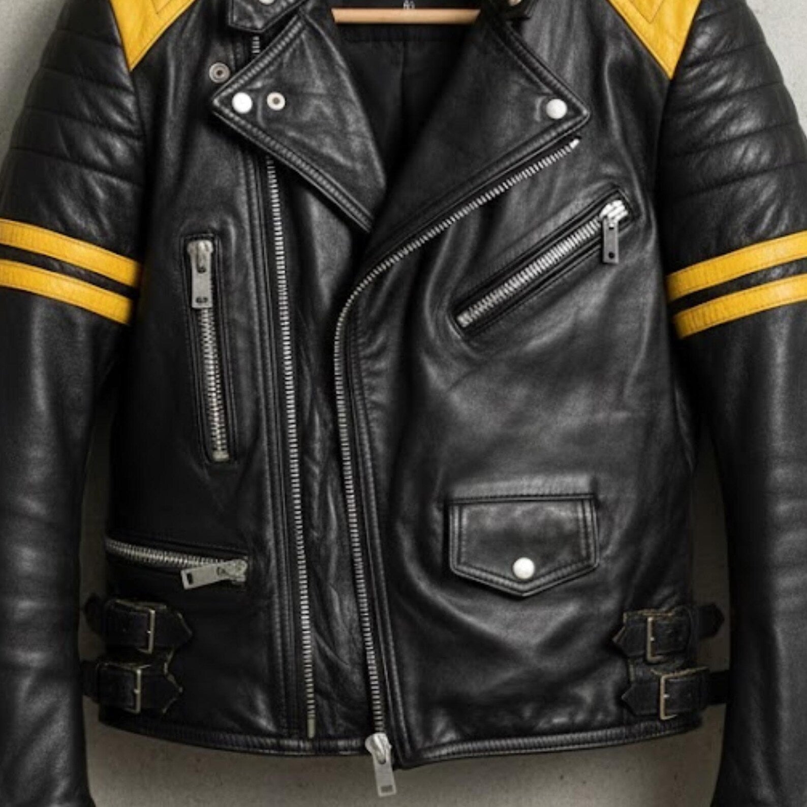 Handmade Black Yellow Leather Biker Jacket – Mens Motorcycle Cafe Racer Coat
