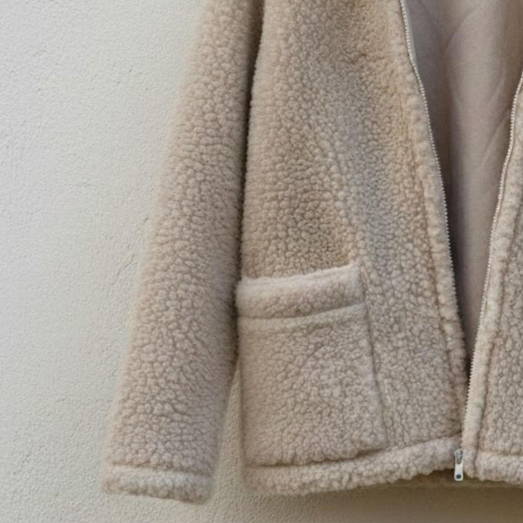 Handmade Beige Sherpa Jacket, Teddy Fleece Hoodie – Cozy Winter Outerwear