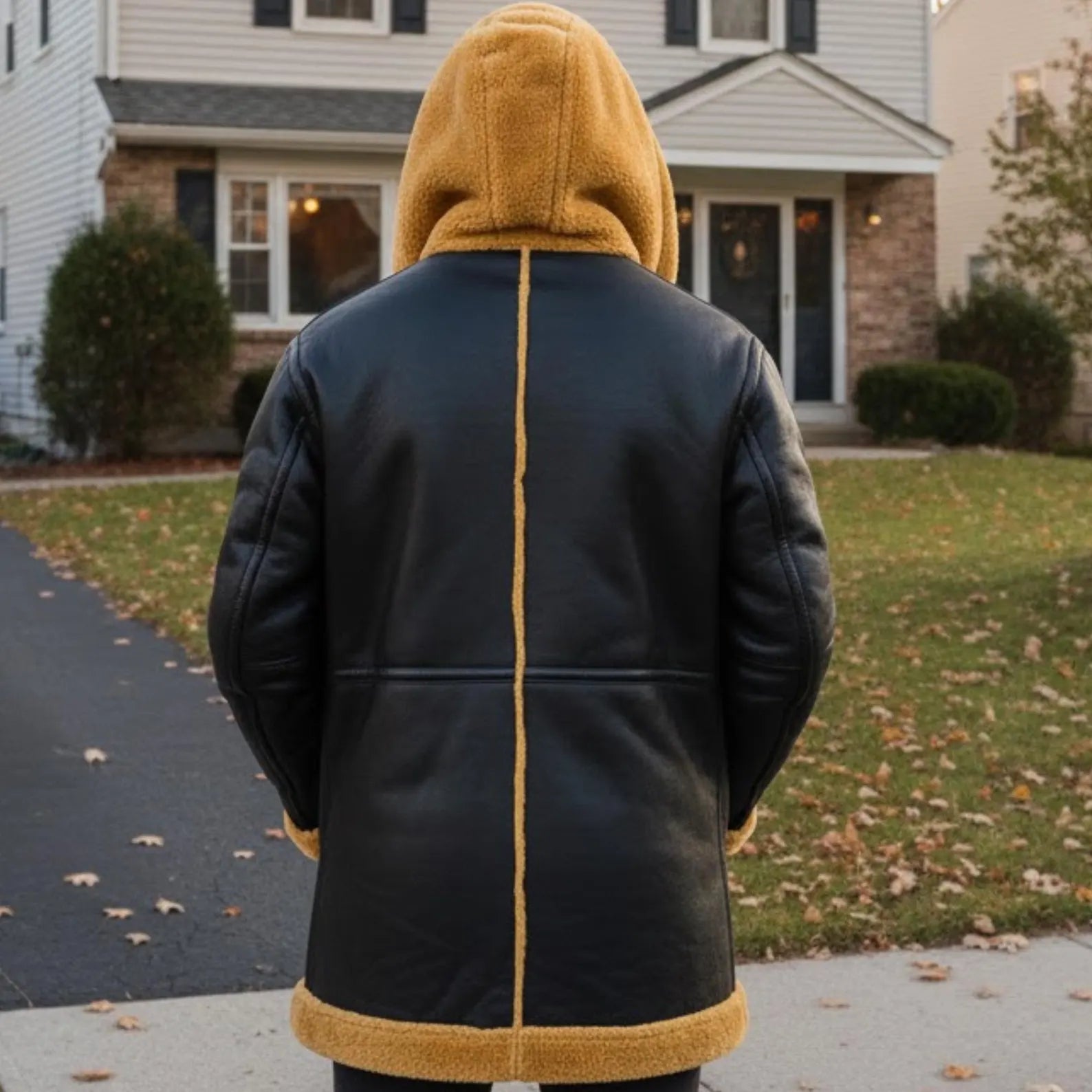 Men's Black Leather Shearling Coat with Tan Wool Lining – Hooded Winter Jacket