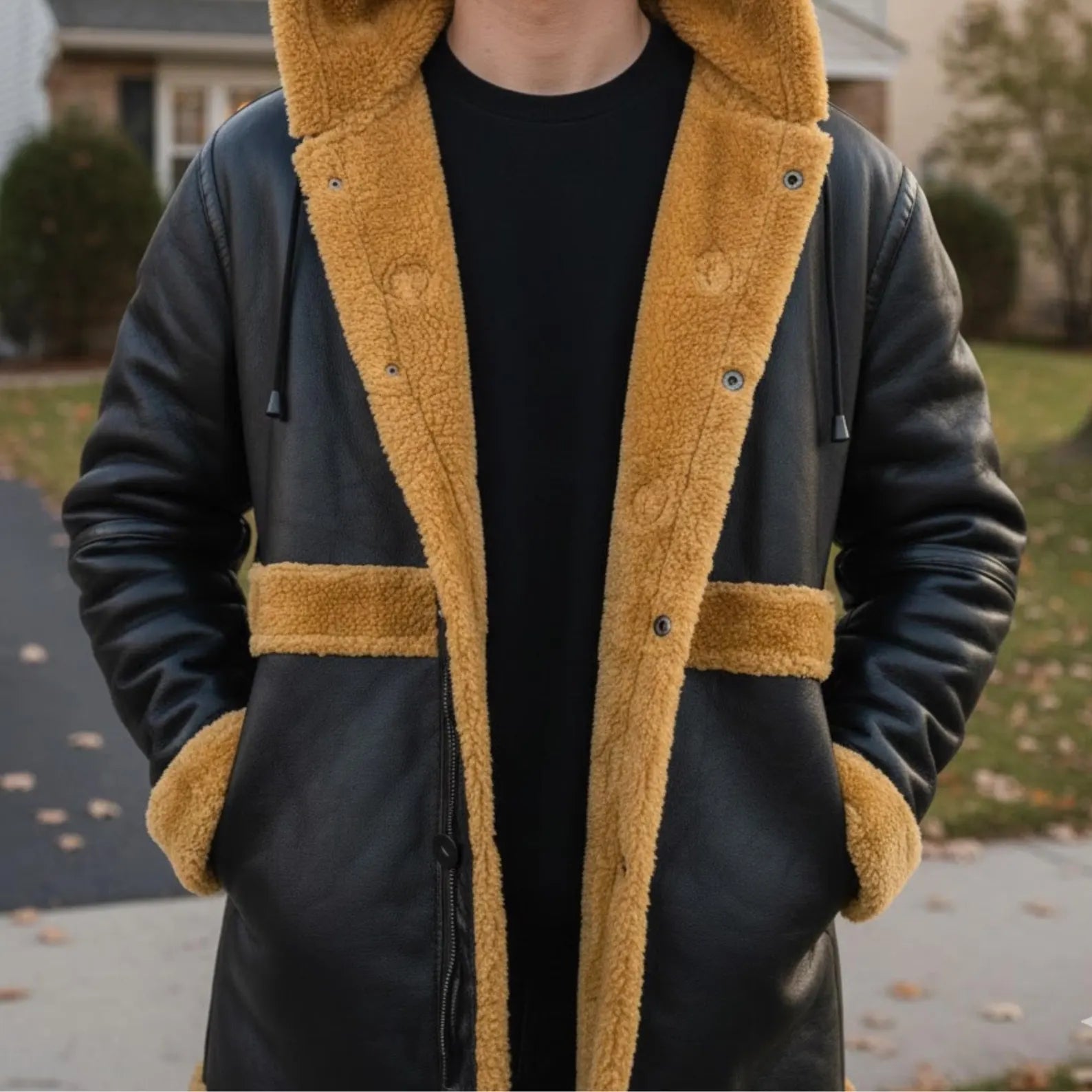 Men's Black Leather Shearling Coat with Tan Wool Lining – Hooded Winter Jacket