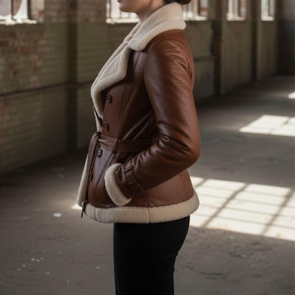 Handmade Brown Leather – Women's Shearling Aviator Jacket Winter