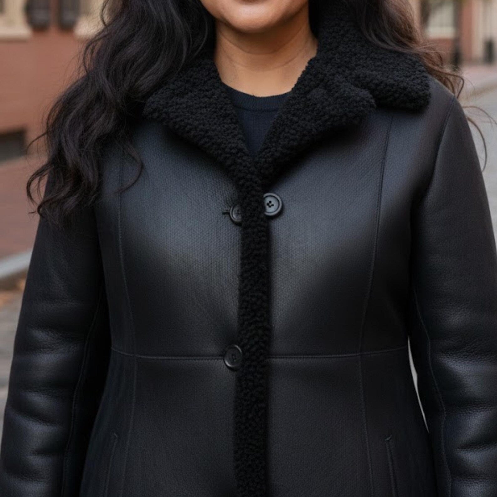 Handmade Black Shearling Coat Women – Long Leather Jacket Winter Outerwear