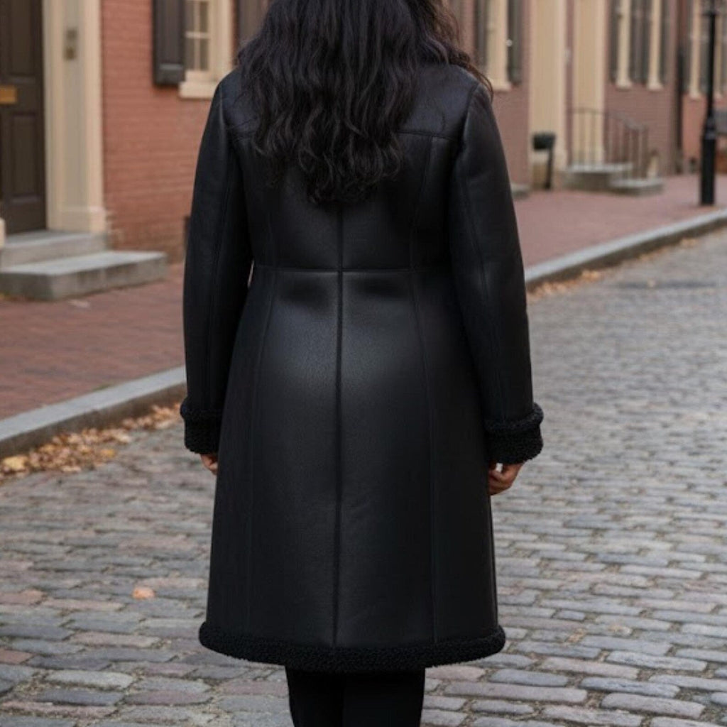 Handmade Black Shearling Coat Women – Long Leather Jacket Winter Outerwear